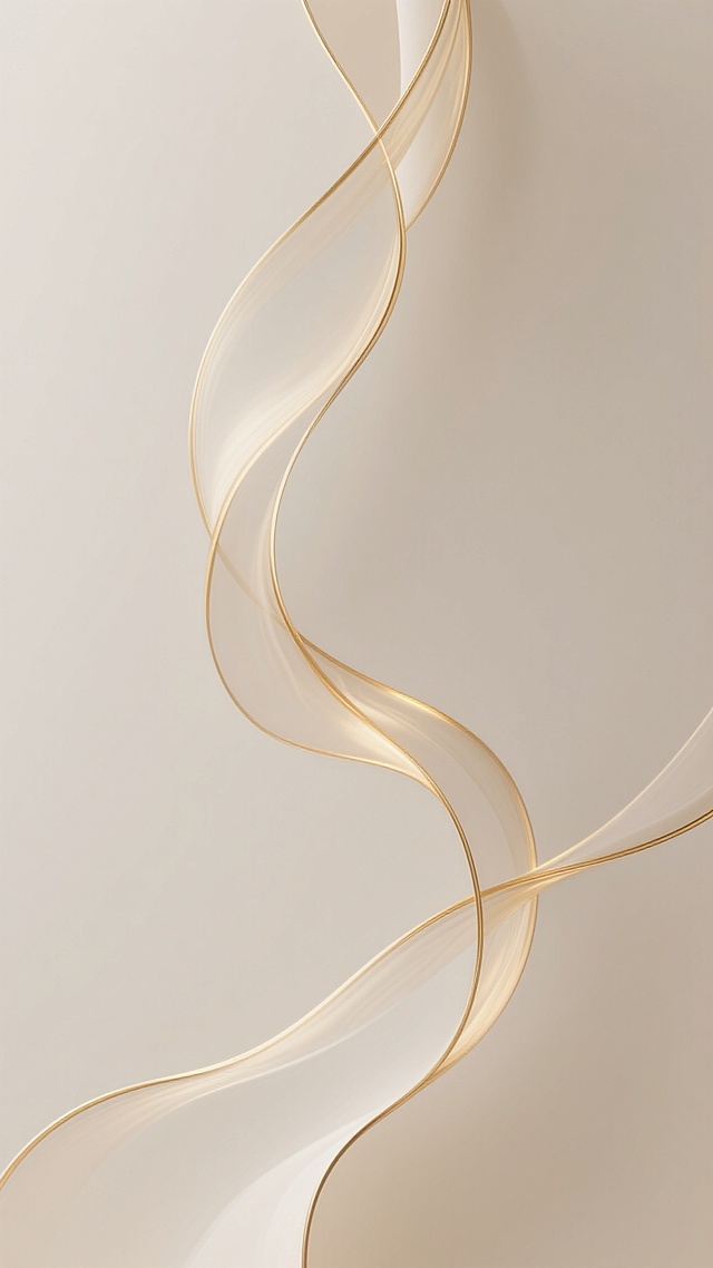 极简主义风格的抽象背景，以纯净的米白色为基调，中央区域有几条流畅飘逸、相互交织的金色线条，线条呈现出柔和的波浪状曲线形态，边缘带有细腻的高光效果，整体光影柔和，金色线条在米白色背景上形成优雅的视觉引导，营造出高端、简约、宁静而富有质感的氛围，色彩和谐统一，构图采用垂直方向的视觉引导，线条之间保持适当的空间层次，具有现代设计感。