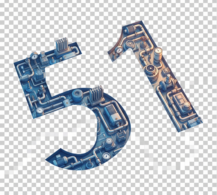 保持原图片数字51的整体形状和轮廓不变，将原图案替换为管道和机组设备的插画，合理排布管道和机组，保持透明背景，生成PNG格式预览效果