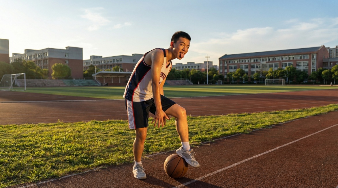 将线稿完善为摄影写实风格，人物为中国高中生，在室外开阔的操场，初夏下午5点，男生吐舌头，人物保持原有的动作姿态和角度不变，阳光照亮了男生左半边身体预览效果