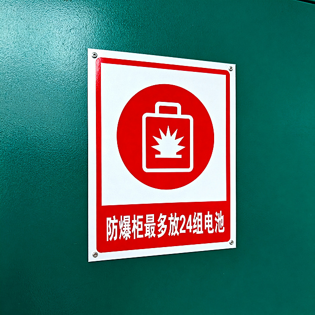安全警示标识，清晰文案"防爆柜最多放24组电池"，搭配简约矢量防爆图标，红白色调，风格简洁醒目，规范的工厂安全警示标牌设计