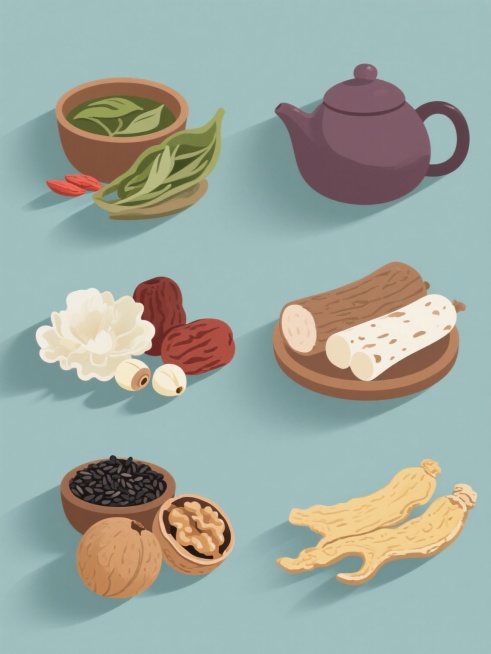 六个规整排布的简约现代风格养生食材插画，每个素材保持统一的平面插画风格，采用手绘质感的平滑线条与渐变填充，主色调为温暖的棕色、清新的绿色及原木色，搭配柔和的光影效果，光源来自左上方，形成轻微的立体阴影。每个素材包含不同的养生食材：如紫砂壶与绿茶、枸杞与红枣、银耳与莲子、山药与百合、核桃与黑芝麻、桂圆与黄芪，食材造型写实且细节丰富，如茶叶的纹理、坚果的外壳质感。所有素材置于纯色背景上，无文字、无……预览效果