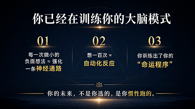 直播间干货PPT第5页，整体风格极简、高能量、有禅意，深蓝色黑色背景，文字为亮色。标题“你已经在训练你的大脑模式”，内容分三点显示：每一次微小的负面想法 = 强化一条神经通路，想一百次 = 自动化反应，你训练出了你的“命运程序”，底部金句“你的未来，不是你选的，是你惯性跑的。”，版式清晰，深色背景配白色金色文字