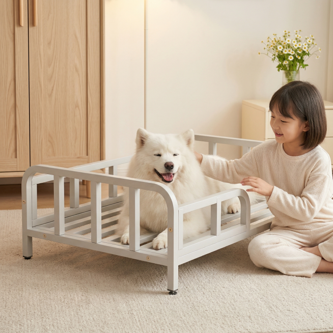 浅灰色金属框架狗床，保持原产品物理结构绝对不变，床下面没有轮子，床腿没有额外东西，床上没有床垫。产品主体不变形不扭曲。
微俯视视角，三分法构图，平稳放置在奶油风卧室的浅米色地毯上，有清晰接触阴影。
背预览效果