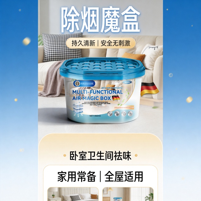 设计类型：电商主图・功能卖点型
设计风格：简约清新、德系专业、居家实用
主体：除烟魔盒产品本体占40% + 室内家居场景（沙发、抱枕）
装饰元素：镂空透气顶盖纹理、分子结构示意图、功能图标、
色调：蓝预览效果