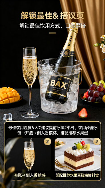 电商详情页饮用&搭配建议区，画面是冰镇BAX起泡酒瓶+香槟杯+搭配水果蛋糕轻食的组合图，标题是"解锁最佳饮用方式，口感翻倍"，文案：最佳饮用温度6-8℃建议提前冰镇2小时，饮用步骤冰镇→开瓶→倒入香槟预览效果