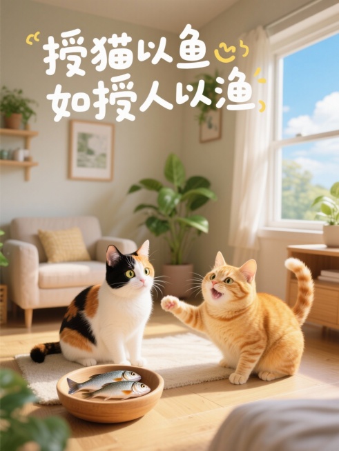 可爱手绘插画，一只三花猫和一只橘猫在温馨家居角落玩耍，家具和绿植，猫碗厘米放2条鱼，趣味手写大标题文案：“授猫以鱼如授人以渔”，窗外是蓝天白云，温暖治愈氛围。预览效果