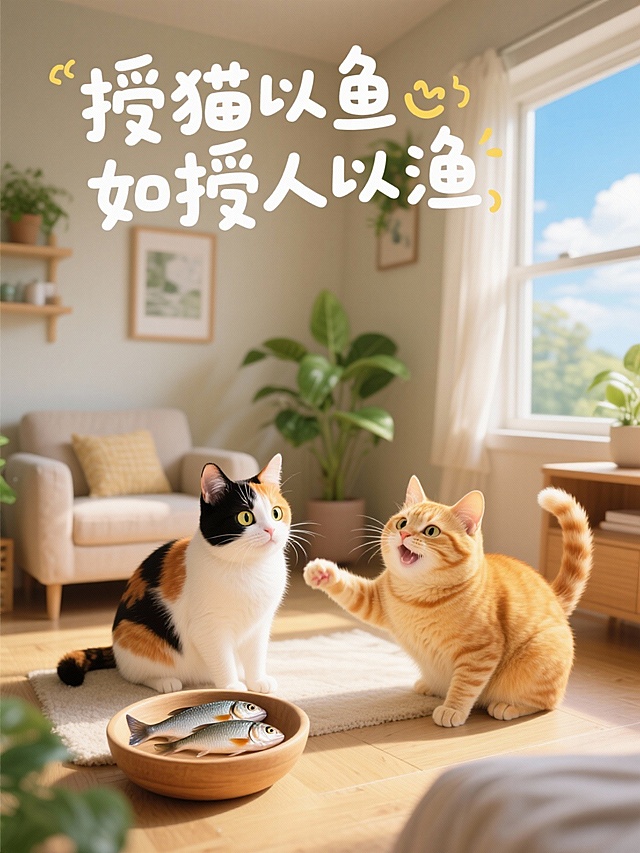 软3D风拟人猫互动，温馨居家场景，趣味文字“授猫以鱼如授人以渔”，萌趣治愈，传递温暖与智慧。