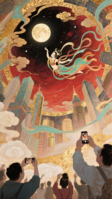 极致的仰视视角超强纵深透视，螺旋环绕构图，祥云环绕贯穿整个画面，现代城市中，嫦娥呈敦煌飞天姿势从城市里向红色调的星空飞去，城市里的人震惊这神奇的一幕，许多人举起手机拍摄这一幕，城市大屏也播放这一幕，满预览效果