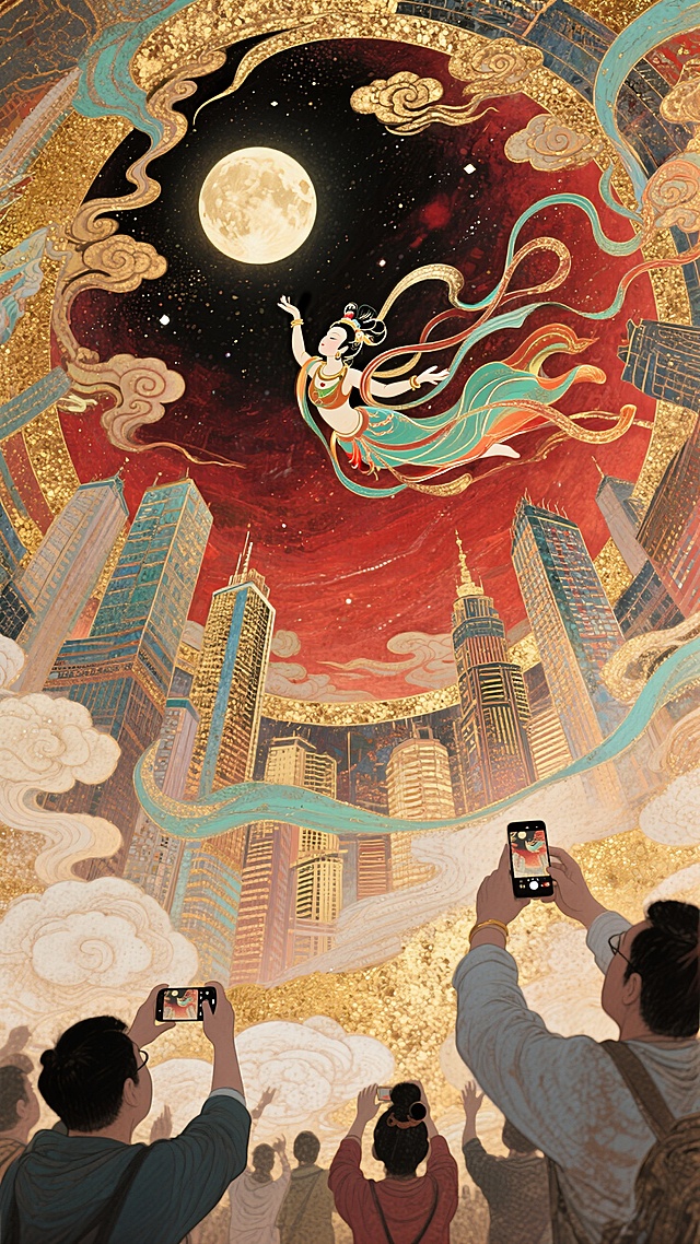 极致的仰视视角超强纵深透视，螺旋环绕构图，祥云环绕贯穿整个画面，现代城市中，嫦娥呈敦煌飞天姿势从城市里向红色调的星空飞去，城市里的人震惊这神奇的一幕，许多人举起手机拍摄这一幕，城市大屏也播放这一幕，满月，超强透视