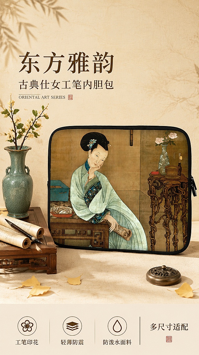 [第1屏] 详情页头图-国风仕女图笔记本电脑内胆包主视觉海报。本屏使用【图1】作为商品主体。
[氛围/风格] 东方古典雅致风，工笔画质感，文艺复古氛围，商业摄影级精致感。
[元素布局] 内胆包置于画面中央偏右，占比约55%-60%，正面展示完整仕女工笔画图案，黑色包边与右侧拉链清晰可见；左侧为古典书房场景，木质案几上摆放青瓷花瓶、卷轴与毛笔，背景为米黄色宣纸纹理墙面；前景散落几片银杏叶与一枚古铜镇纸；产品物理结构、比例轮廓、印花图案、颜色色号与输入产品图完全一致。
[光影质感] 左上方柔和自然光，右侧辅光补亮，产品下方自然投影，整体温润通透，工笔画细节清晰可辨。
[配色色系] 全局底色 #F5EFE0（米黄宣纸色）；主色暖棕、豆青、石青；辅助色墨黑、朱砂红点缀。
[视角构图] 正面微俯视45°角，产品为视觉中心，阅读动线左上标题 → 中部产品 → 底部信息条。
[文字版式] 版式为左上标题区 + 右侧产品 + 底部信息条。主标题「东方雅韵」，副标题「古典仕女工笔内胆包」，宋体字左对齐，字重对比明显；标题下方小号英文装饰「ORIENTAL ART SERIES」；底部左侧三个卖点标签「工笔印花」「轻薄防震」「防泼水面料」，右侧标注「多尺寸适配」；文字不遮挡产品主体。
[比例分辨率] 9:16 竖版比例，4K分辨率，文字清晰可辨，高清画质。
[负向提示词] 产品变形，拉链缺失，印花模糊，颜色偏差，水印，文字错乱，背景杂乱，结构错误。