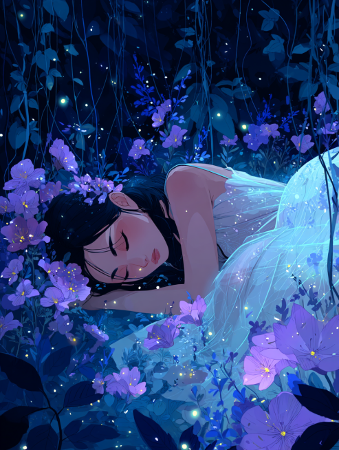 {
  "scene": {
    "background": "深邃幽蓝的魔法森林夜景，藤蔓缠绕、繁花点缀，空中漂浮着萤火虫般的光点与星尘粒子，营造出沉睡精灵之森或月光秘境的梦幻氛围。"
  },预览效果