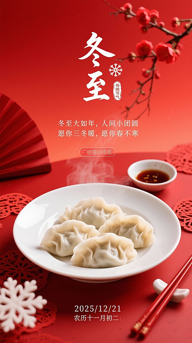 生成4张冬至海报，比例9:16。采用近景聚焦 + 喜庆国风的视角：画面主体是白瓷圆盘，盛着褶皱纹理清晰的白色饺子，冒着朦胧白汽，碗旁配同色红瓷筷子与小碟蘸料；背景元素：正红色渐变底色，左边红色桌面点缀展开的红色折扇，右上角延伸出一枝红色梅花，红色桌面散落着幅、红色剪纸花纹；文字布局：画面中上部是白色毛笔书法 “冬至”（笔触洒脱有力），旁侧嵌白色雪花图标与朱红 “传统节气” 印章；书法下方是白色文字 “冬至大如年，人间小团圆 愿你三冬暖，愿你春不寒”；底部标注 “2025/12/21 农历十一月初二”；整体风格：浓艳喜庆的国风写实风，色调以正红、金、白为主，光线是柔和的暖光（突出饺子的温润质感与白汽的朦胧氛围），细节需呈现：瓷碗的釉面光泽、饺子的肌理、白汽的缥缈层次、雪花装饰的镂空纹理，8K 分辨率，氛围是冬至的暖情团圆感，兼具传统节日的喜庆与温柔祈愿的质感。