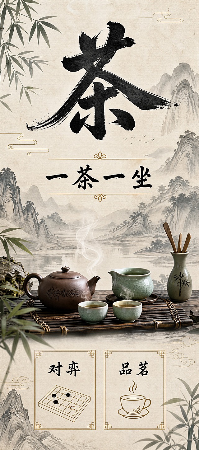 一张中式茶室竖版海报，竖版1:2.25比例（0.8×1.8米），禅意国风风格。画面上方是超大书法「茶」字，墨色，苍劲有力。中部主标题为「一茶一坐」，墨色书法字体，居中排列，配金色细线装饰。画面中部为茶文化场景：紫砂茶壶、茶杯、热气氤氲、竹制茶席、青瓷茶具、淡墨山水，氛围宁静雅致。画面下部为两个方形服务标签，左侧标签文字为「对弈」，配棋盘与棋子的简约线条图标；右侧标签文字为「品茗」，配茶杯简约图标。背景为宣纸质感淡墨山水，点缀竹叶、云纹。整体配色以墨黑、金色、米白、深绿为主，禅意雅致。四周留足安全边距，排版精美，文字清晰。画面中必须完整呈现以下文字信息：「茶」、「一茶一坐」、「对弈」、「品茗」，所有文字必须精确渲染，不得错位、遗漏或编造。