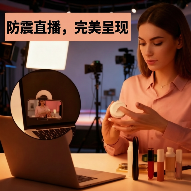 将图中的英文 'Shockproof for Flawless Broadcasts' 全部转换成中文，保持原有字体、排版和颜色都不变，其余内容保持不变预览效果