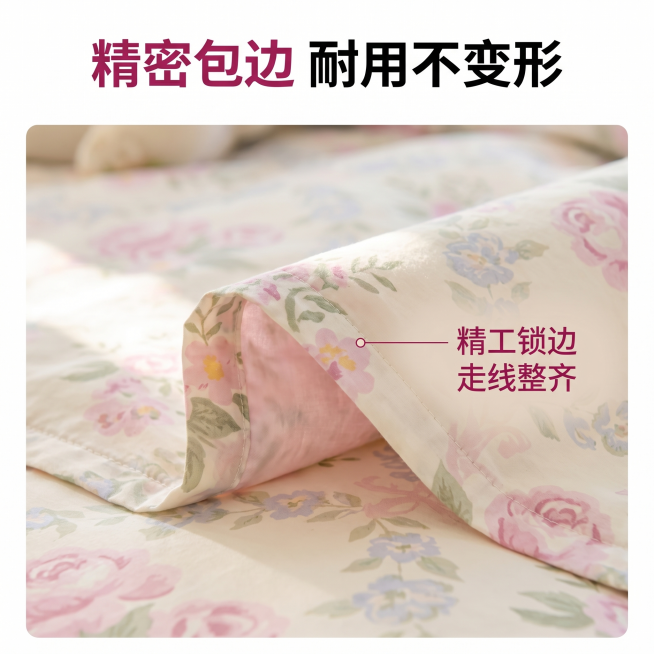 [详情图 3] 纯棉四件套工艺细节展示图。
[氛围风格] 精致品质感，清晰展示工艺；
[画质] 商业摄影质感、光线柔和通透、产品清晰真实、画面干净高级。
[元素] 特写展示四件套的锁边包边工艺缝线，细预览效果