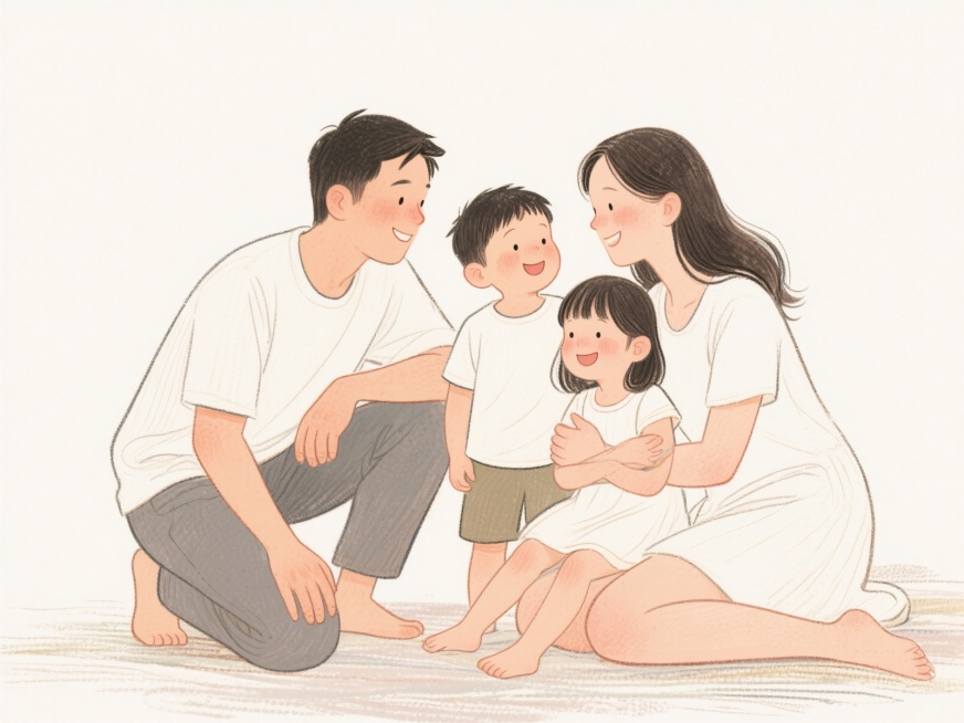 一家四口的手绘插画，爸爸半蹲在妈妈身旁，妈妈斜坐于哥哥妹妹身后，哥哥温柔搂着妹妹，四人面带微笑，画面清淡素雅，线条柔和，色调温暖，背景简洁，洋溢着家庭幸福的氛围预览效果