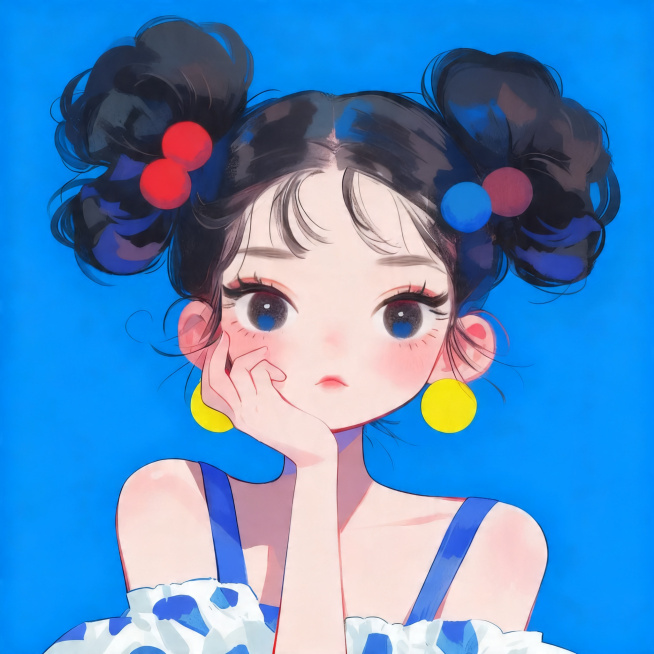 参考图片的Q版卡通插画风格和手托脸颊动作，生成一张全新不同人物的正方形头像，差异化更大，和上一张生成的人物也不同，保持双丸子头发型、红蓝撞色圆球发饰、黄色圆形耳环、蓝色背景，高清晰预览效果