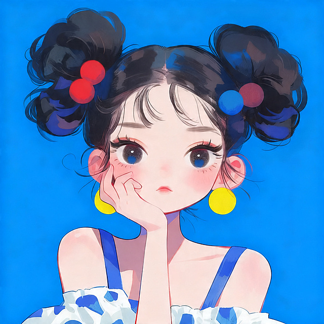 参考图片的Q版卡通插画风格和手托脸颊动作，生成一张全新不同人物的正方形头像，差异化更大，和上一张生成的人物也不同，保持双丸子头发型、红蓝撞色圆球发饰、黄色圆形耳环、蓝色背景，高清晰