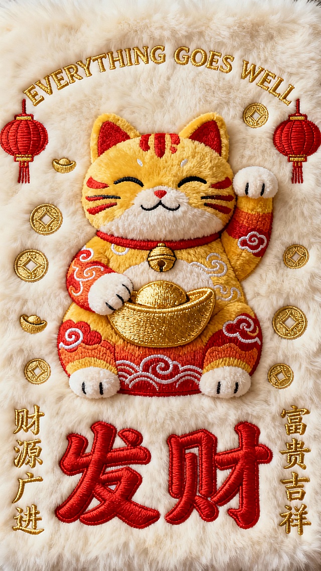 米白色毛绒材质背景上，中央是一只色彩改为金黄色与红色渐变、带有祥云纹路的毛绒招财猫，它前爪抱着一枚金元宝，周围点缀着金色铜钱和红色灯笼刺绣图案。正下方是醒目的红色立体刺绣“发财”二字，字体饱满有力。文字围绕主体呈对称分布，上方有金色英文“EVERYTHING GOES WELL”，两侧辅以竖排金色中文吉祥语“财源广进”“富贵吉祥”，整体构图遵循传统对称美学，色彩以金黄、大红为主色调，营造出喜庆、招财的浓厚氛围，视觉层次分明，信息传达清晰，充满传统节庆的设计感。