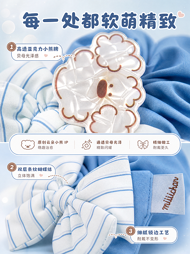 [商品] 使用【图6】【图1】miiiiichan 云朵小熊亚克力牌与条纹蝴蝶结细节；保留云朵小熊轮廓、奶咖棕五官描边、亚克力通透材质、浅蓝条纹蝴蝶结缝线、条纹间距与颜色；商品处理：微距下增强亚克力牌贝母光泽与边缘描边清晰度，蝴蝶结缝线整齐立体，面料纹理细腻可见。
[画面] 页面目标：细节质感展示，突出 IP 形象工艺与面料做工；构图：上下分屏，上半部分云朵小熊亚克力牌微距特写（占 50%），下半部分条纹蝴蝶结缝线+布标细节（占 40%），中间穿插卖点文字条；主体占画面 70%，景别为微距特写；阅读动线从上到下：小熊细节→工艺卖点→蝴蝶结细节；前景柔焦光斑点缀、中景产品细节主体、后景统一奶油蓝柔化背景。
[视觉] 套系策略：风格=软萌治愈系文创商业摄影；标题字=圆润粗黑体（圆角无衬线）；正文字=可爱圆角细黑体；主色=雾霾蓝+奶油白；背景延展=奶油白到浅蓝的柔和渐变背景，细腻磨砂质感；强调色=奶咖棕，用于细节圈注引线和小图标；标题色=深雾霾蓝；正文色=暖灰棕；组件=圆角小信息卡、虚线圈注、圆点序号；光影=顶侧柔光灯，突出亚克力通透折射光，蝴蝶结布料柔和明暗过渡。
[文字] 上方主标题「每一处都软萌精致」（8字），3 个细节卖点配引线：① 高透亚克力小熊牌 贝母光泽感、② 双层条纹蝴蝶结 立体饱满、③ 细腻锁边工艺 耐戴不变形；文字沿画面左右分布，不遮挡核心细节，所有文字横排。
[规格] 淘宝/天猫详情页比例 3:4（宽:高），4K 分辨率，quality=medium；负向提示：避免变形、错字、文字过小、亚克力牌颜色失真、缝线错乱、背景杂乱、工业风。
