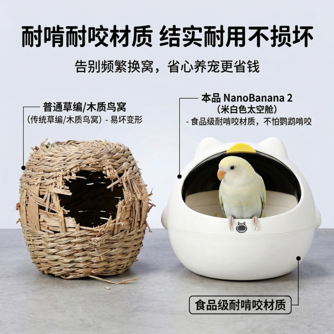 萌趣科技养宠风，严格还原鹦鹉太空舱鸟窝，产品尺寸比例1:1。主视觉：左右对比布局，左侧展示传统鸟窝被咬坏、变形的状态，右侧展示本品完好无损的状态，中间放置米白色鸟窝，搭配食品级耐啃材质，不怕鹦鹉啃咬的预览效果