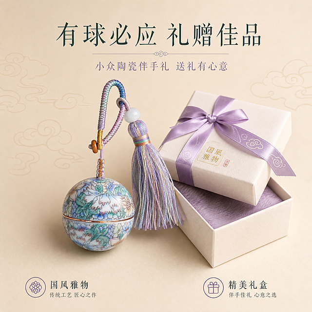 [主图-5] 国风万花款珐琅彩陶瓷分装罐钥匙扣挂件 礼赠价值展示 突出伴手礼属性。
[统一基调] 国风雅致高级风格，整体柔光箱打光，浅米杏色纯色背景，色系统一为莫兰迪紫蓝绿低饱和配色，标题字色为深墨绿，辅助字色为灰紫色，字体采用纤细宋体风格，整体克制精致。
[画面] 画面中心摆放产品主体，主体占比约50%，产品旁边搭配一个小巧的米白色方形礼盒，礼盒系着淡紫色细丝带，半开状态露出内里绒布，营造精致礼赠氛围。产品与礼盒呈L型摆放，角度协调。背景有极淡的祥云纹样暗纹，增加国风氛围感。画面下方左右两侧各有一个小型文字卖点标识，不遮挡主体。
[光影质感] 商业礼赠摄影柔光质感，礼盒丝带丝滑有光泽，产品摆放端正，陶瓷与流苏质感清晰，整体光影柔和温暖，有仪式感。
[配色] 背景主色浅米杏色，丝带淡紫色，与产品流苏色彩呼应，整体色调温暖雅致。
[文字版式] 顶部居中纤细宋体主标题「有球必应 礼赠佳品」，下方小字辅助文案「小众陶瓷伴手礼 送礼有心意」，底部两个卖点文字左右对称排列，文字清晰不遮挡产品。
[输出要求] 1:1正方形比例，2K高清，礼盒与产品质感精致，礼赠氛围浓厚，文字清晰可读，无变形、错字、模糊、水印、平台Logo。