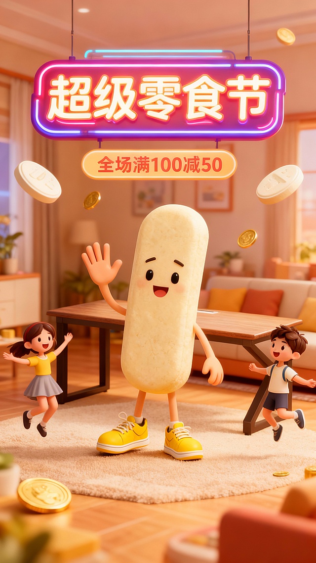 一个拟人化的图中主体站在中央，穿着黄色运动鞋，用手打招呼，周围有两位快乐跳跃的小孩（一男一女），背景是3D卡通客厅，空中漂浮着钙片金币，主标题为霓虹灯牌“超级零食节，主标题下方有“全场满100减50”标签，整体风格均为3D卡通渲染，色彩明亮温暖，充满活力，适合零食广告宣传。