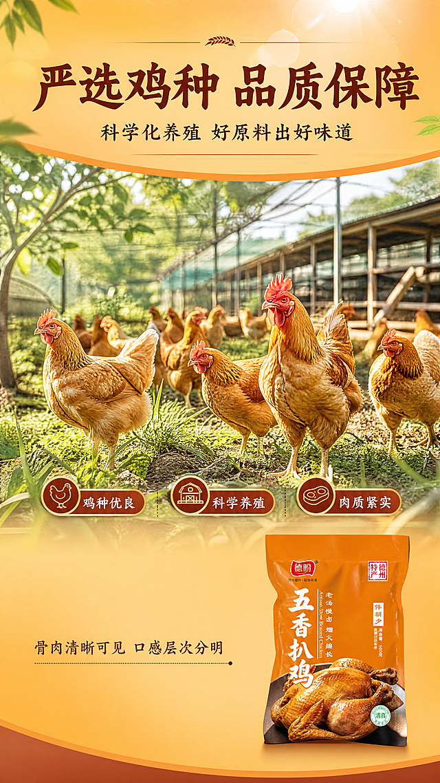 [商品] 使用【图1】德盼五香扒鸡产品图作为右下角辅助露出；保留包装袋外观、颜色、Logo及文字，尺寸较小作为成分页的产品佐证，不喧宾夺主。
[画面] 目标：原料选材专张，突出严选鸡种与科学化养殖，好原料才出好味道。构图：上中下三段式竖版布局。上方30%为标题区；中部50%为主视觉区，展示散养/科学化养殖的健康鸡群实景，鸡只羽毛光亮、体态健壮，背景为绿色养殖农场或现代化鸡舍环境，鸡群元素占画面核心区域约50%；下方20%为产品包装小图+补充文案区。阅读动线从上至下，先看标题再看原料实景最后看产品。
[视觉] 套系策略：风格=拼多多接地气食欲风商业摄影，家常烟火气，高饱和度暖色调；标题字=阿里妈妈东方大楷；正文字=喜鹊聚珍体；主色=暖橙色；背景延展=基于暖橙色做深浅渐变、同色系光晕层次，中部原料区为真实农场/鸡舍场景；强调色=深棕红，仅用于小面积图标、引线和标签点缀；标题色=深棕红色；正文色=暖深棕色；组件=圆角橙底信息卡、细线引线、图标装饰；光影=自然暖光，原料场景真实自然。
[文字] 顶部居中主标题："严选鸡种 品质保障"（阿里妈妈东方大楷，深棕红色，大字号）；主标题下方副标题："科学化养殖 好原料出好味道"（喜鹊聚珍体，暖深棕色，中字号）；中部原料区配3个卖点标签，横向排列："鸡种优良""科学养殖""肉质紧实"（喜鹊聚珍体，白色字配深棕红底圆角标签）；底部配一行说明文案："骨肉清晰可见 口感层次分明"（喜鹊聚珍体，暖深棕色）。所有文字横向排版。
[规格] 图片比例9:16竖版，4K，负向提示：避免变形、错字、文字过小、冷蓝/蓝灰主背景、产品颜色改变、极限词、平台Logo。