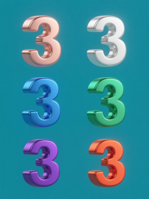 六个完全相同的3D立体数字“3”，每个数字拥有不同的纯色金属光泽配色（分别为：玫瑰金、银白色、亮蓝色、翡翠绿色、深紫色、橙红色），保持统一的光滑金属质感、高光反射效果和立体结构，每个数字置于独立的纯色背景上（背景色与数字颜色形成和谐对比），六个元素呈2行3列的规整网格排布，整体画面简洁、对称、具有系列感。预览效果