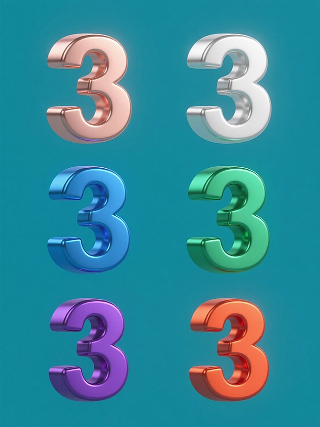 六个完全相同的3D立体数字“3”，每个数字拥有不同的纯色金属光泽配色（分别为：玫瑰金、银白色、亮蓝色、翡翠绿色、深紫色、橙红色），保持统一的光滑金属质感、高光反射效果和立体结构，每个数字置于独立的纯色背景上（背景色与数字颜色形成和谐对比），六个元素呈2行3列的规整网格排布，整体画面简洁、对称、具有系列感。