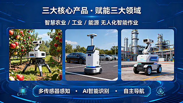 科技感企业宣传海报，主标题文字"三大核心产品 · 赋能三大领域"，核心标语文字"智慧农业 / 工业 / 能源 无人化智能作业"，三款机器人产品并列展示，从左到右分别是：苹果幼果套袋机器人对应苹果园农业背景、汽车移动挂式充电机器人对应新能源停车场景背景、工业防爆巡检机器人对应化工厂工业背景，画面底部添加技术标签文字"多传感器感知 · AI智能识别 · 自主导航"，搭配对应技术图标，整体风格现代科技商务，干净大气，蓝色科技色调