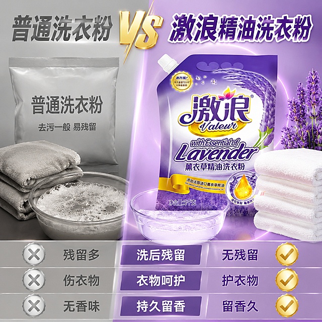 抖音电商爆款洗衣粉主图 第9张 竞品对比优势图。[氛围风格] 紫色品质感 对比鲜明 抖音强转化说服型。[画质] 商业摄影质感 高清通透 对比清晰 产品真实。[元素] 画面左右对比布局 左侧为普通洗衣粉 灰色调 一袋普通洗衣粉旁边放着洗完的衣物 衣物发暗发硬 泡沫多且浑浊 右侧为本品激浪薰衣草精油洗衣粉 紫色亮调 产品袋外观与输入图完全一致 无变形色差 旁边衣物洁白蓬松有光泽 泡沫细腻易清 中间用竖线分隔 上方有VS标识。底部列出对比项 打勾打叉形式。背景左灰右紫渐变。[光影] 左侧偏灰暗 右侧明亮紫色光 产品区域高光突出 整体对比强烈。[配色] 左侧灰色调 右侧薰衣草紫亮调 金色勾叉点缀。[视角构图] 左右对比构图 产品在右侧突出 平视角度 满屏无边框。[文字版式] 顶部大标题 左侧“普通洗衣粉” 灰色字 右侧“激浪精油洗衣粉” 紫色粗体大号 中间VS金色字。底部三行对比项 每行左右对应 第一行 残留多 打叉 vs 无残留 打勾 第二行 伤衣物 打叉 vs 护衣物 打勾 第三行 无香味 打叉 vs 留香久 打勾 勾为金色 叉为灰色。文字全部横排 清晰可读。[输出要求] 1:1比例 文字清晰锐利 超高清商业质感。[负向提示词] 变形 文字错乱 产品模糊 背景杂乱 水印 电商平台Logo。