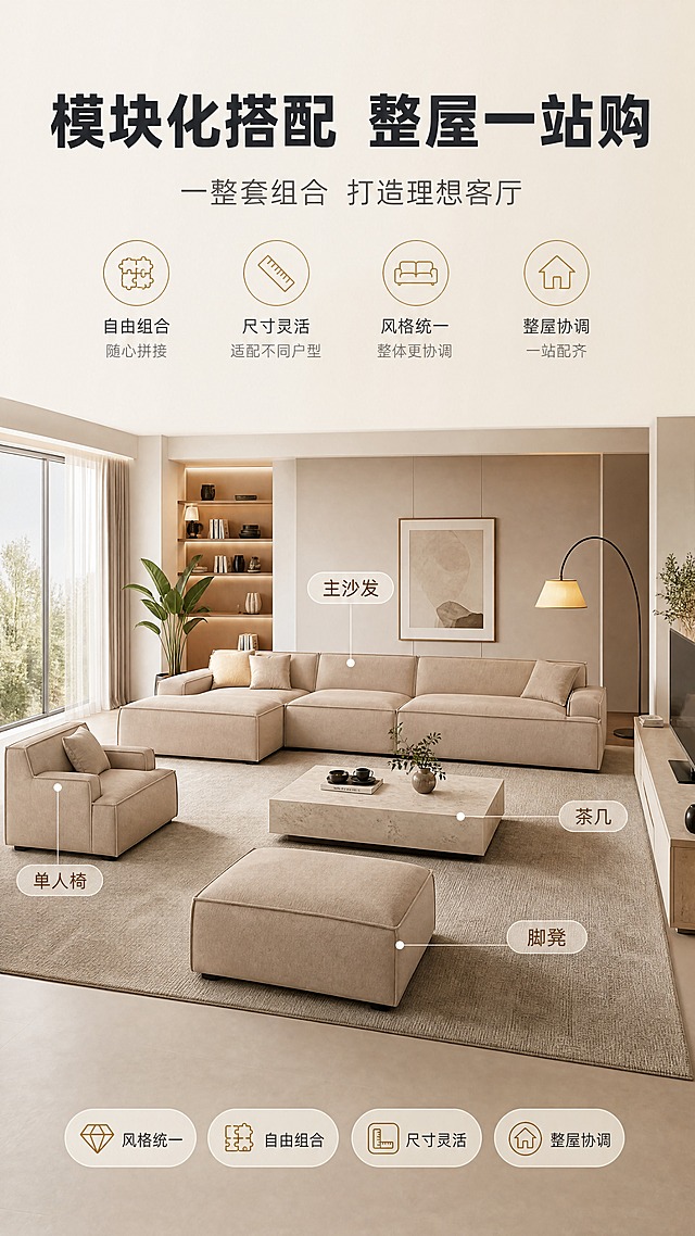 [商品] 使用【图1】浅米色布艺模块化沙发；保留方正箱体结构、低矮扶手、厚坐垫、浅米色布艺面料；以L型转角组合形态呈现，搭配同款单人椅与脚凳，组成完整客厅套装，均为同款设计语言。
[画面] 目标：模块化整屋搭配，展示一整套组合打造完整客厅空间。构图：上文下景竖版布局，顶部文案区，下方为开阔的现代轻奢客厅全景；L型模块化沙发为主体，搭配同系列单人椅、脚凳、茶几、电视柜，形成完整客厅空间；暖调自然光从落地窗洒入，搭配地毯、绿植、装饰画、落地灯等软装，营造高级完整的居家氛围；沙发组合占画面约50%；阅读动线从上至下。
[视觉] 套系策略：风格=意式极简轻奢商业摄影；标题字=现代无衬线粗体；正文字=简洁无衬线体；主色=奶油米杏；背景延展=基于奶油米杏做深浅层级、同色渐变和细腻织物/微水泥质感；强调色=暖棕金，仅用于小面积图标、引线、标签和局部光效；标题色=深炭灰；正文色=中暖灰；组件=圆角浅底信息卡、细线引线、胶囊标签；光影=左前侧暖柔光，柔和阴影。
[文字] 顶部主标题"模块化搭配 整屋一站购"，副标题"一整套组合 打造理想客厅"；画面中用引线标注各单品"主沙发""单人椅""脚凳""茶几"；底部4个胶囊标签"风格统一""自由组合""尺寸灵活""整屋协调"；全部横向排版，移动端清晰可读，文字不遮挡沙发主体。
[规格] 图片比例9:16竖版，4K，避免变形、错字、文字过小、冷蓝/蓝灰背景、沙发颜色改变、版型失真、绝对化用语。