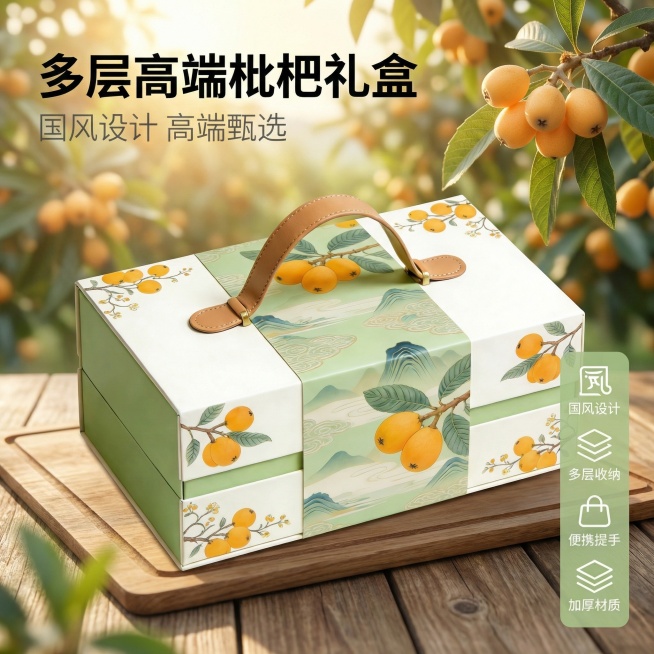 [主图 1] 多层高端枇杷礼盒场景首图，田园治愈风，食欲感，自然暖阳逆光氛围。[氛围/风格] 清新田园治愈风，自然暖阳逆光，柔和光影，户外果园氛围感。[画面元素] 主体多层高端枇杷礼盒居中摆放，礼盒外预览效果