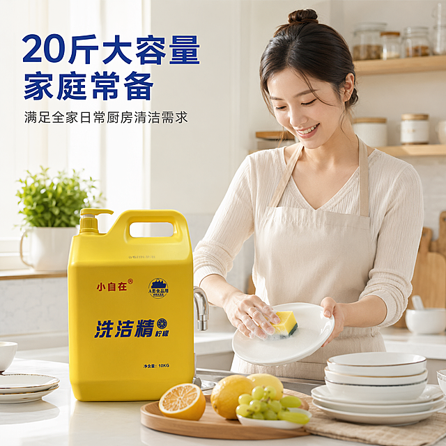 参考图1的构图、场景和风格，将图中的洗洁精产品替换为图2的小自在10kg洗洁精（黄色方桶带提手、黄色按压泵头，瓶身有红色“小自在®”字样、蓝色“洗洁精 柠檬”大字、“A类食品用”蓝色圆形标识、底部“净含量：10KG”字样），保持产品在画面左前方的主体位置，保留右侧正在洗碗的微笑女性和明亮温馨的厨房背景，前景摆放柠檬、葡萄、盘子等元素。左上角添加大字文案：“20斤大容量 家庭常备”，下方小字：“满足全家日常厨房清洁需求”，突出清新柠檬卖点，整体风格干净明亮、温馨有生活感，淘宝天猫电商主图风格，1:1正方形构图，高清写实，产品清晰完整