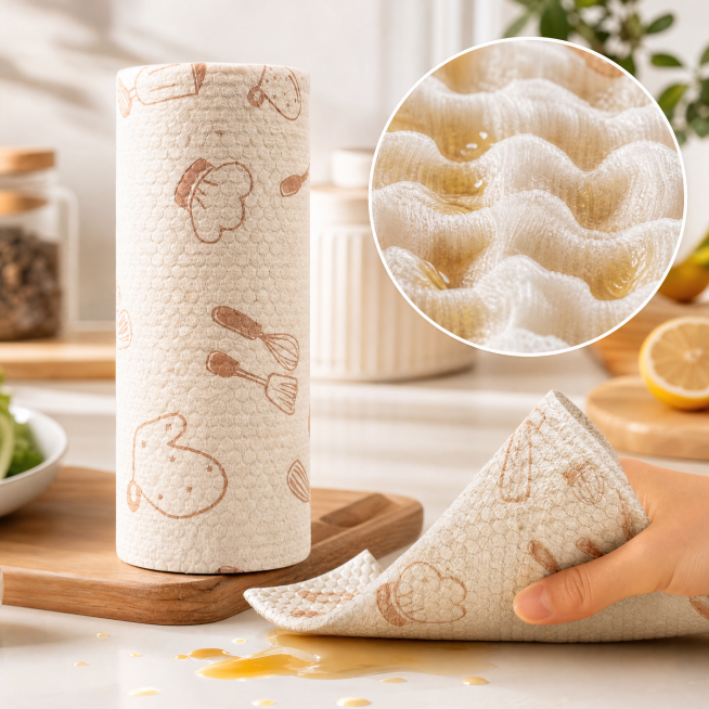 [Main Image 2] Detail close-up to show the thick absorbent fabric texture of tearable kitchen towel.预览效果