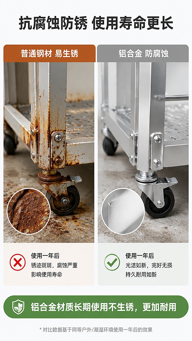 [第8屏] 防锈性能对比，对比普通钢材与铝合金抗腐蚀效果。本屏使用【图1】产品材质。
[氛围/风格] 对比实验风格，左右分栏直观对比，专业可信。
[元素布局] 画面左右分为两栏，左侧普通钢材使用一年后生锈腐蚀特写，右侧本款铝合金材料同样环境下保持光洁无锈；顶部主标题，底部总结结论。
[光影质感] 左右对比均匀布光，差异清晰可见，金属锈迹和光洁表面对比分明。
[配色色系] 全局底色 #F8F9FA；左侧主色暗黄锈色，右侧主色铝合金亮银色；辅助色红色叉号绿色对勾标注结果。
[视角构图] 左右对比排版，对称构图，差异一目了然。
[文字版式] 顶部主标题「抗腐蚀防锈 使用寿命更长」，左侧标注「普通钢材 易生锈」，右侧标注「铝合金 防腐蚀」，底部结论「铝合金材质长期使用不生锈，更加耐用」，文字排版清晰，不遮挡对比细节。
[比例分辨率] 宽790px 高1400px，约9:16竖版比例，4K分辨率，文字清晰可辨，高清画质。
[负向提示词] 对比不清晰，文字遮挡，颜色失真，构图歪斜