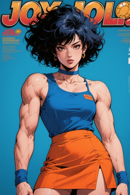 一位女生，穿着蓝色的衣服和橘色的裙子，爆炸头短发，肌肉线条硬朗，JOJO风格的海报，大师级杰作，高清，细节丰富，色彩鲜明预览效果