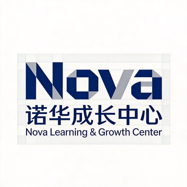 背景色调为透明色。平面商业LOGO设计，主体文字"Nova"，中文诺华成长中心，英文名Nova Learning & Growth Center，所有文字单行横向排列，现代极简商务风格，几何无衬线字体预览效果