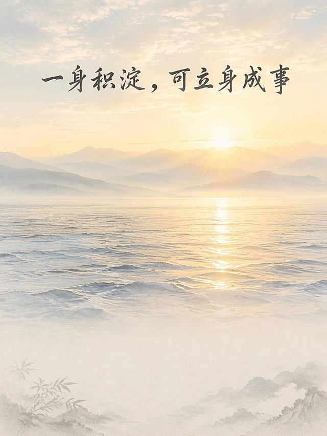 静谧开阔的海平面远景，清晨浅金色阳光洒在海面，远处层叠浅雾山峦，无人物，整体浅色调淡雅风格，将文字"一身积淀，可立身成事"整体向上移动，去掉文字下方的红色方印，保持国风简约大气意境