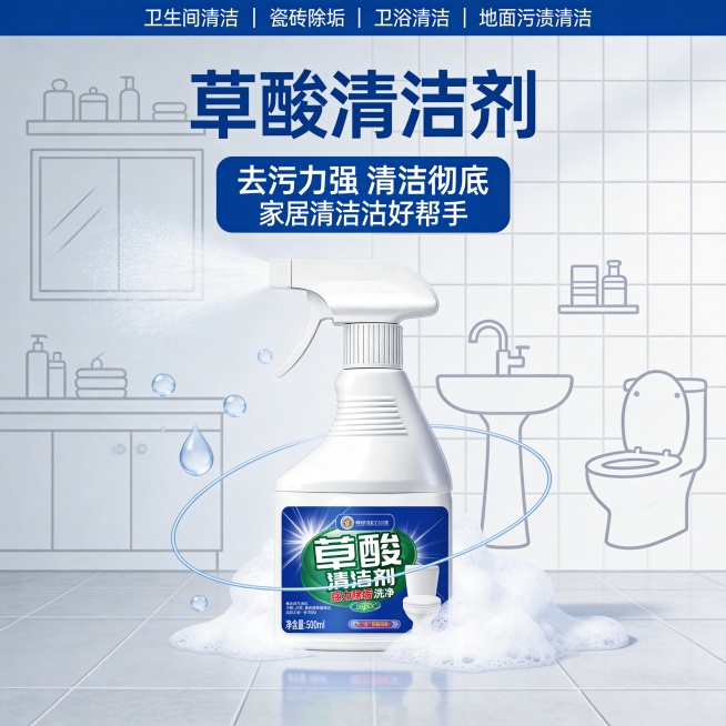 设计类型：电商正方形主图（800×800px），产品展示 + 卖点突出型
设计风格：简约洁净、家政清洁风、专业实用、视觉清爽
主体：草酸清洁剂产品瓶、液体 / 喷雾形态展示
装饰元素：水滴、泡沫、清洁预览效果