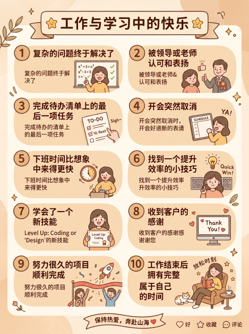 保持上一张温暖治愈浅米色暖色调风格，生成一张3:4比例的小红书图文图片，主题是"工作与学习中的快乐"，分板块列出10件快乐小事：
1. 复杂的问题终于解决了
2. 被领导或老师认可和表扬
3. 完成待预览效果