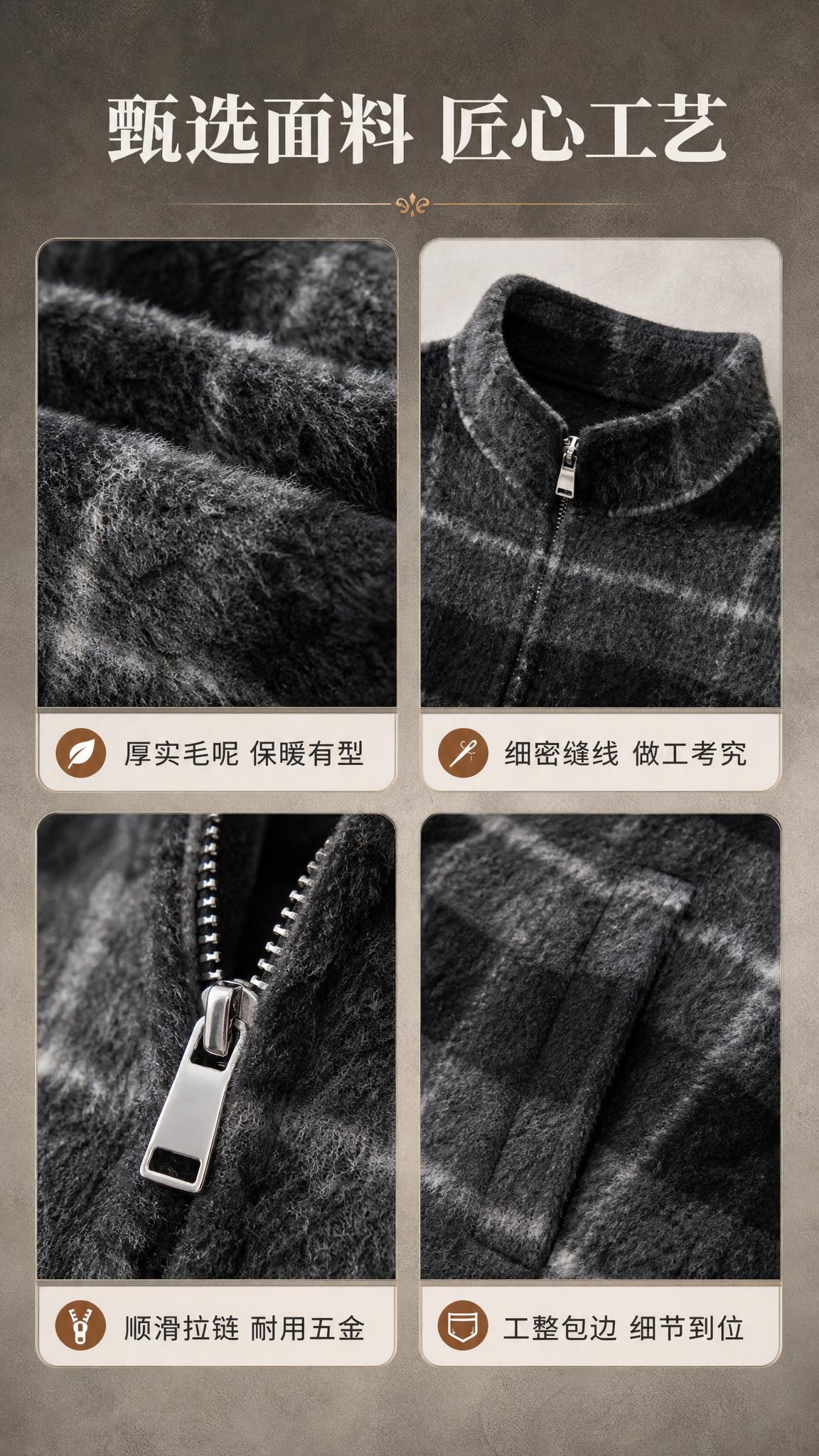 [商品] 使用【图1】黑灰格纹立领毛呢夹克外套；商品处理：保留… - 图片创意预览