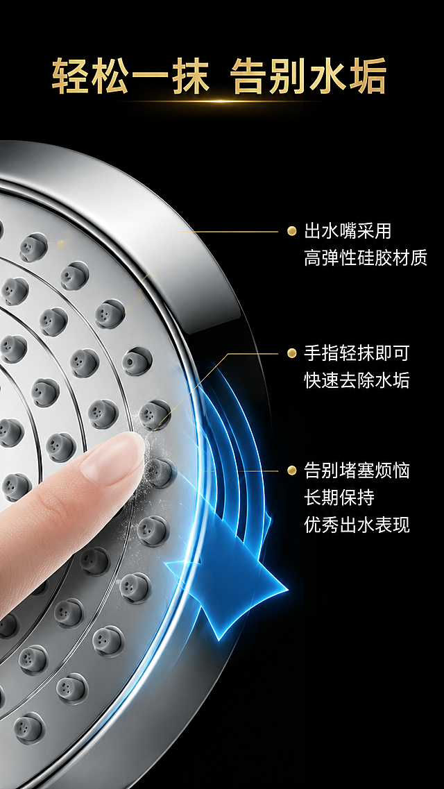 用这个产品「图片1」设计一张电商主图详情页，尺寸9：16.参考：「图片1」。文案：QuickClean 易洁设计：指尖一划 告别水垢烦恼：出水嘴采用高弹性硅胶材质，手指轻抹即可快速去除水垢，告别堵塞烦恼，长期保持优秀出水表现。