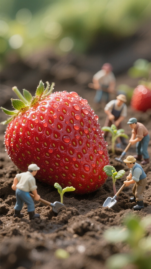 水彩风微缩艺术，超现实主义趣味场景，清新草莓与小人共舞，营造梦幻田园氛围。