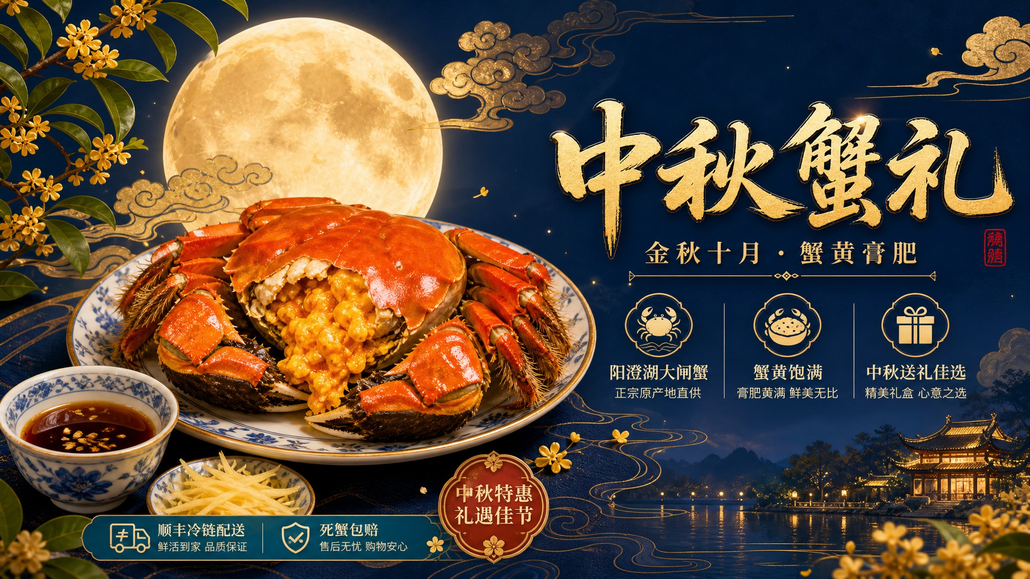 国风新中式工笔风格，中秋大闸蟹小程序轮播横幅海报。画面中央偏左… - 图片创意预览
