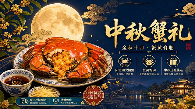 国风新中式工笔风格，中秋大闸蟹小程序轮播横幅海报。画面中央偏左位置摆放一只肥美的大闸蟹，蟹壳呈鲜亮的红橙色，蟹黄饱满溢出，旁边搭配蟹醋、姜丝和精致的中式瓷盘。背景是一轮硕大的金色满月，月光柔和洒下，周围点缀淡雅的祥云纹样和桂花枝。画面右侧留白处放置主标题文字"中秋蟹礼"，字体为大气的书法体，金色描边；下方是副标题"金秋十月 · 蟹黄膏肥"，字体稍小。再下方排列三个短卖点标签："阳澄湖大闸蟹"、"蟹黄饱满"、"中秋送礼佳选"，每个标签配简约小图标。整体配色以深蓝、金色、橙红为主，传统雅致，节日氛围浓厚。画面中所有信息区域必须填充完整合理的内容，不得出现空白框或待填写区域。版式精美，构图平衡，适合小程序轮播图横版展示。