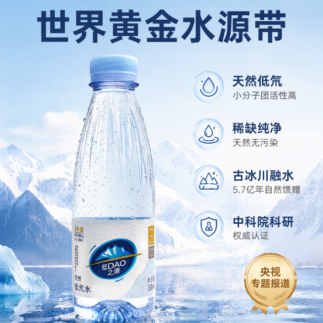 [主图-2] 核心水源价值卖点展示
[氛围风格] 专业可信轻自然科技风，干净清爽
[画质] 商业摄影质感、光线柔和通透、产品清晰真实、画面干净高级
[元素] 低DAO之源矿泉水瓶居中放置，背景采用渐变预览效果