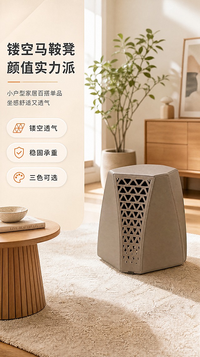 [商品] 使用【图1】中卡其色DM-8817镂空凳；保留六边切面造型、正面三角镂空纹样、马鞍硬皮坐面质感、上窄下宽比例和卡其色颜色；产品结构、镂空图案、轮廓比例与原图一致，不改变形状和材质。
[画面] 目标：风格空间头图，展示产品颜值与现代家居适配性。左文右景版式，左侧约1/3竖列文案区，右侧2/3为明亮客厅/玄关生活场景；产品置于画面右侧中景，主体占画面约55%，45°侧前角度摆放；前景浅色地毯+小边几，中景镂空凳+绿植，后景虚化白墙+原木家具，三层景深；暖调午后自然光从左侧窗户洒入，营造温馨通透氛围。
[视觉] 套系策略：风格=现代简约轻北欧高级商业摄影；标题字=思源黑体粗体；正文字=思源黑体常规体；主色=暖米杏；背景延展=基于暖米杏做深浅层级、同色渐变和细腻哑光墙面/木纹质感；强调色=暖橙色，仅用于小面积图标、引线和标签；标题色=深炭灰；正文色=中暖灰；组件=圆角浅底信息卡、细线引线、胶囊卖点框；光影=左前侧暖柔光，柔和阴影。
[文字] 左侧竖列文案区：主标题「镂空马鞍凳 颜值实力派」，副标题「小户型家居百搭单品 坐感舒适又透气」，下方3条胶囊卖点「镂空透气」「稳固承重」「三色可选」；文字不遮挡产品主体，移动端清晰可读。
[规格] 图片比例9:16竖版，4K分辨率，quality=medium；避免变形、错字、文字过小、冷蓝/蓝灰背景、产品颜色改变、结构失真、极限词。