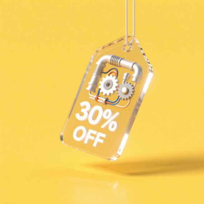一个悬浮的长方形锯齿状外壳（包含复杂机械机构）的吊牌，文案“30% OFF”，复杂机械机构元素包含了齿轮、管道、螺丝、电线等元素，黄色背景预览效果